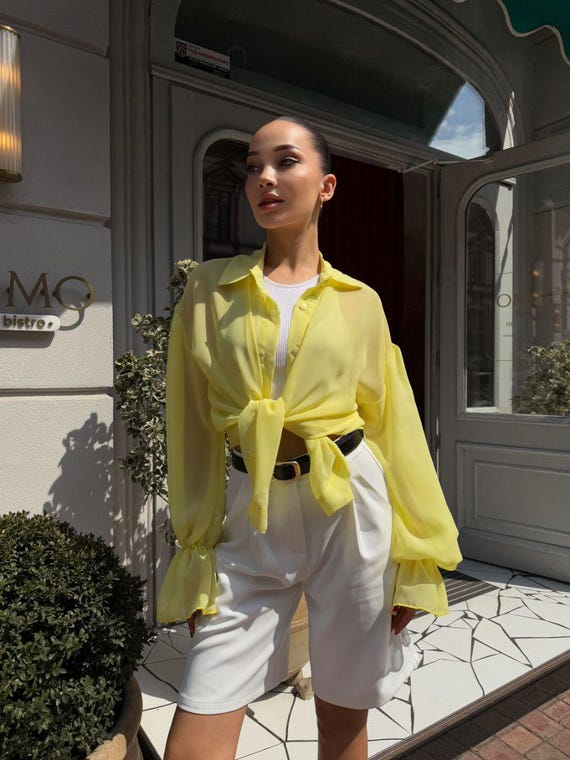 Lemon Sheer Silk Oversized Blouse – Lightweight Transparent Shirt