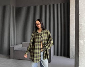 Oversized Plaid Flannel Shirt - Soft Green Cotton Button-Up