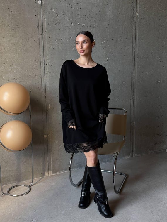 Black Lace Knit Dress Women, Oversized Sweatshirt Dress, Minimal Long Sleeve Dress, Casual Elegant Outfit, Modern Loose Dress