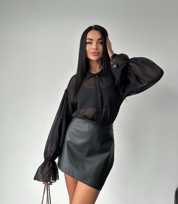 Chemisier Femme Mousseline Noir Gris Blanc - Taille S (8/10) - Nœud Satin - Occasion Très Bon état