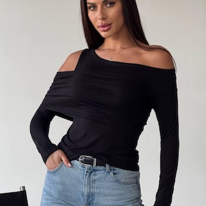 Women's Black Off-Shoulder Long Sleeve Top – Viscose Cowl Neck – Trendy Fall Outfit