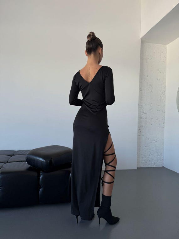 knee length dresses for ladies Shop Black Full Sleeve Side Slit V Neck Dress - for Women | OUTZIDR main image 0