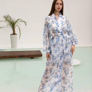 Boho Blue Floral Kimono and Shorts Set – Sheer Lightweight Cover-Up with Double Shorts – Vacation Beach Outfit – Tencel Loungewear for Women