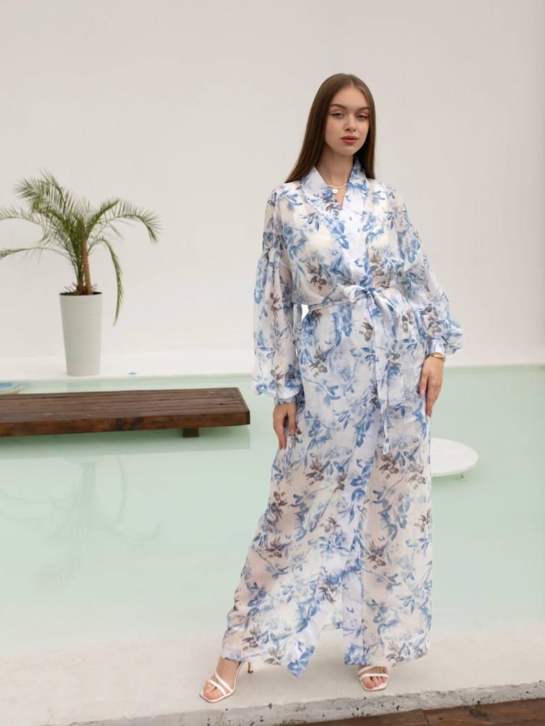 Boho Blue Floral Kimono and Shorts Set – Sheer Lightweight Cover-Up with Double Shorts – Vacation Beach Outfit – Tencel Loungewear for Women