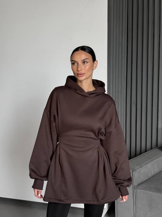 oversized fleece dress Chocolate Hoodie Dress with Adjustable Waist | Cozy Fleece Lined Sweatshirt Dress