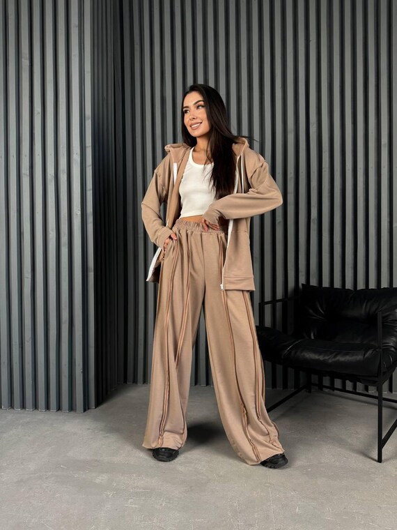 Beige Oversized Tracksuit Set: Zip Hoodie, Ribbed Tank Palazzo