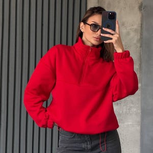 red Oversized Hoodie with Half Zip, Cotton Intersoft Fleece Sweatshirt, Relaxed Fit Cozy Streetwear