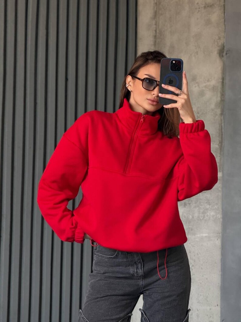 red Oversized Hoodie with Half Zip, Cotton Intersoft Fleece Sweatshirt, Relaxed Fit Cozy Streetwear
