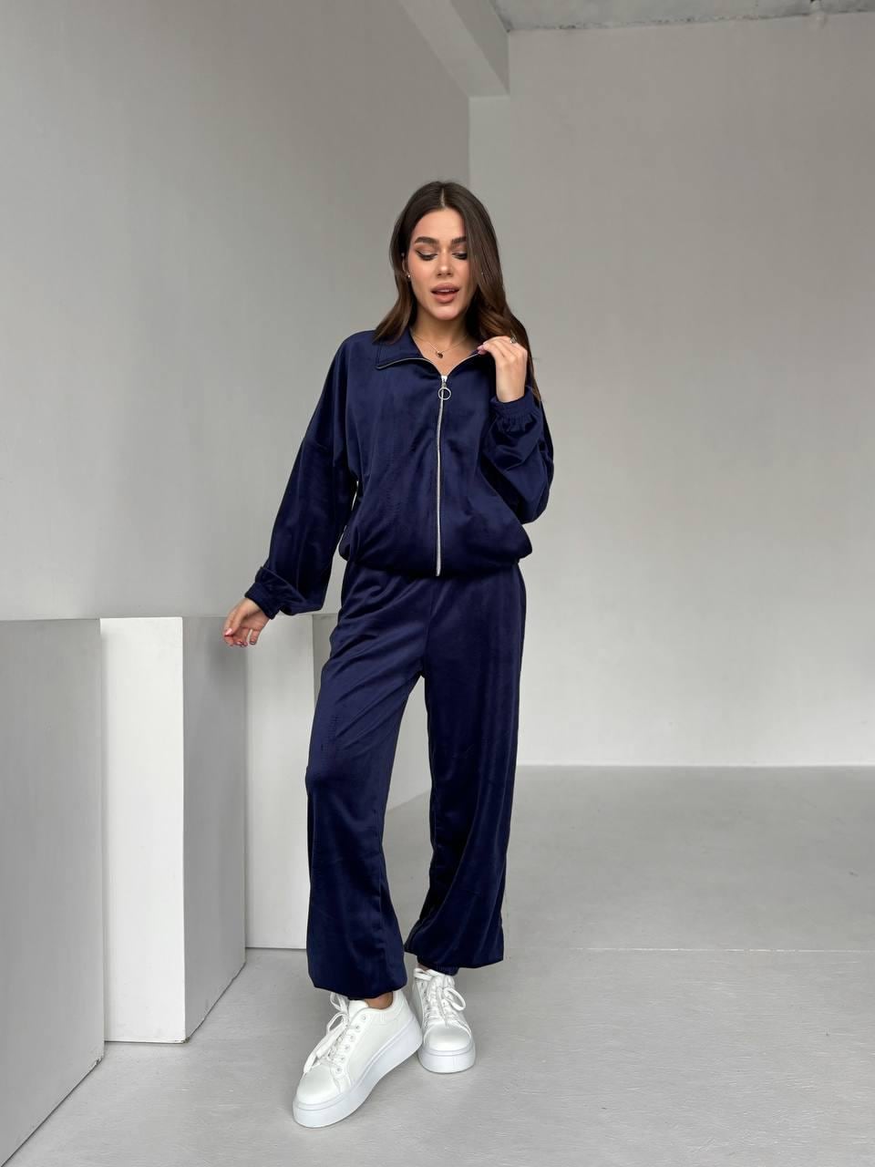 Brown Velour Tracksuit Set: Cotton-blend Zip Jacket & Wide Pants