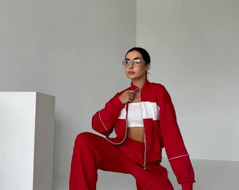 Rot Hip Hop Trainingsanzug Frauen abgeschnitten Jacke Hose Set Y2K Street Urban Style