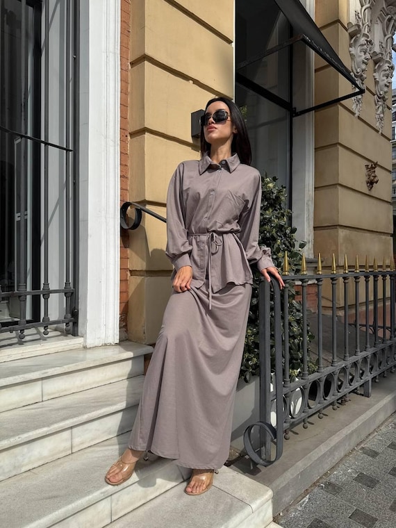 Blush Linen Maxi Set: Two-piece Shirt and Skirt Outfit - Etsy
