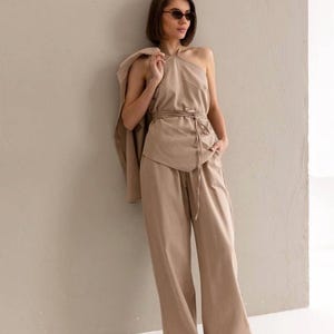 Beige Linen 3-Piece Set: Handmade Relaxed Fit Summer Outfit