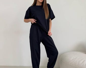 Navy Blue Loungewear Set: Cotton T-Shirt, Shorts & Joggers