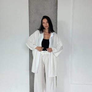Oversized Two-Piece Summer Set – Crinkled Cotton Shirt and Wide-Leg Pants in White Bridesmaid Robes