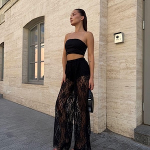 Black Lace 3-Piece Set: Sheer Pants, Bandeau Top & Shorts - Festival Outfit
