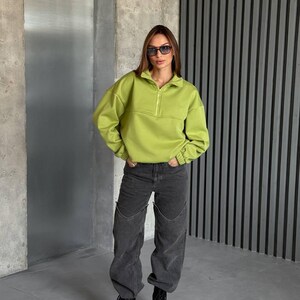Olive Oversized Hoodie with Half Zip, Cotton Intersoft Fleece Sweatshirt, Relaxed Fit Cozy Streetwear