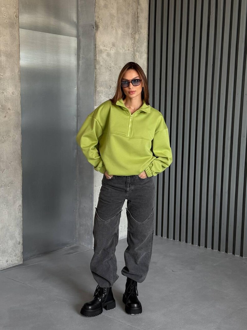 Olive Oversized Hoodie with Half Zip, Cotton Intersoft Fleece Sweatshirt, Relaxed Fit Cozy Streetwear