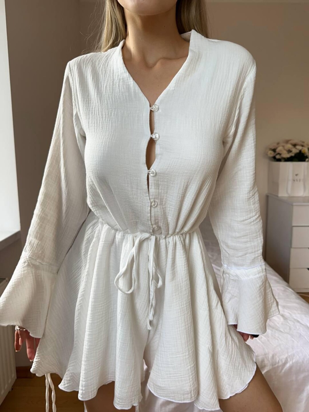 white flowy romper dress Cotton Muslin Dress: Skirted Jumpsuit DailyDeals-AU5