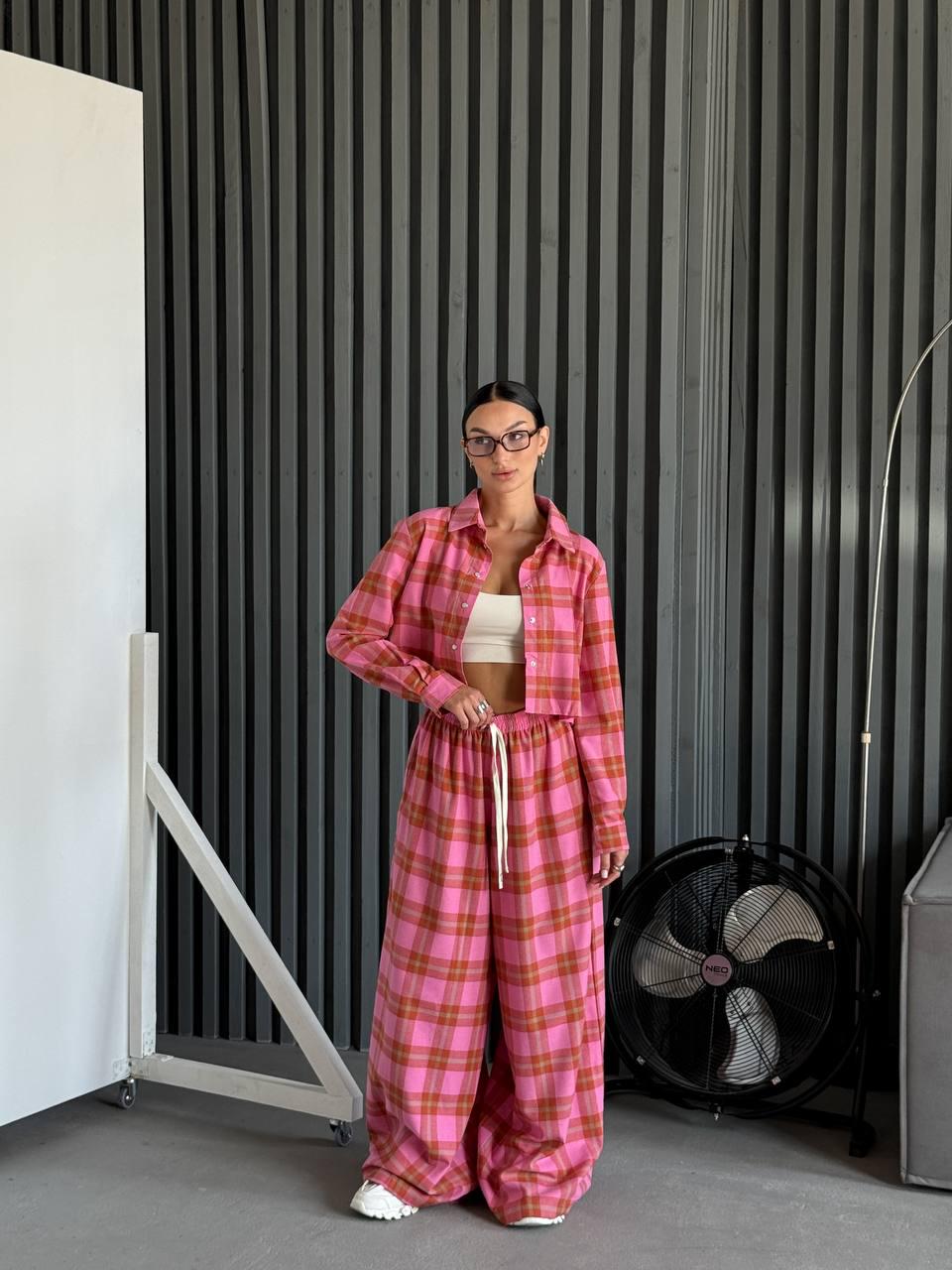 Pink Plaid Flannel Set: Cropped Shirt & Wide Leg Pants - Etsy