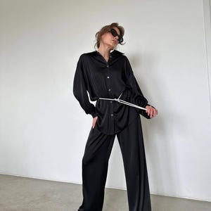 Black Silk Pantsuit: Women&#39;s Relaxed Fit Two-Piece Set