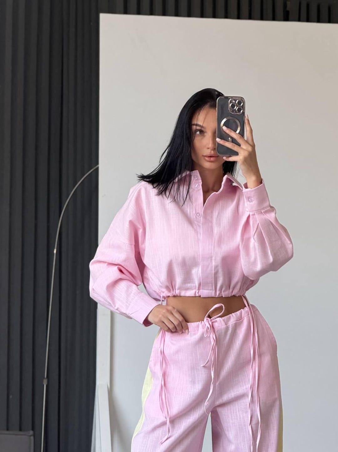 Two-piece Linen Set: Pink Oversized Crop Top - Wide-leg Pants - Etsy