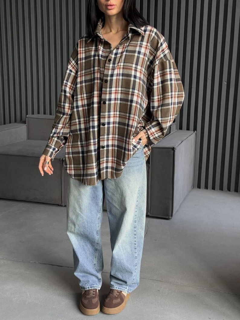 Women's Flannel Shirt Green Cotton Plaid Regular Fit