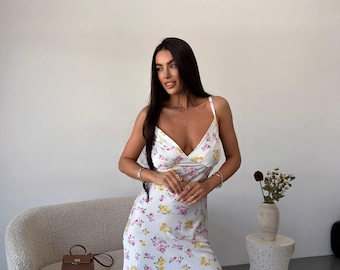 White Floral Slip Dress Summer Mini Spaghetti Strap Romantic Lightweight Dress