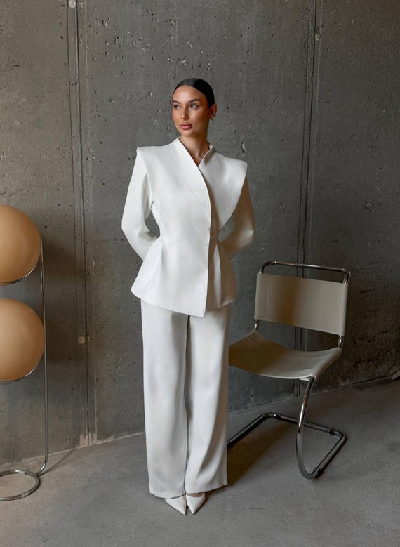 Milk White Pants Suit Women, Elegant Blazer Set, High Waist Trousers Outfit, Minimalist Bridal Suit, Formal Two Piece Set