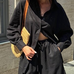 Black Linen Shirt and Shorts Set: Handmade Relaxed Loungewear