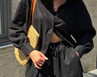 Black Linen Shirt and Shorts Set: Handmade Relaxed Loungewear