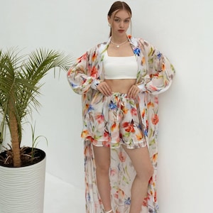Boho Floral Kimono and Shorts Set – Sheer Lightweight Cover-Up with Double Shorts – Vacation Beach Outfit – Tencel Loungewear for Women