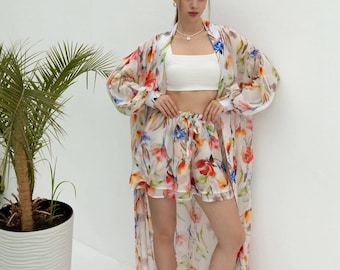 Boho Floral Tencel Kimono & Shorts Set: Sheer Red Floral Loungewear