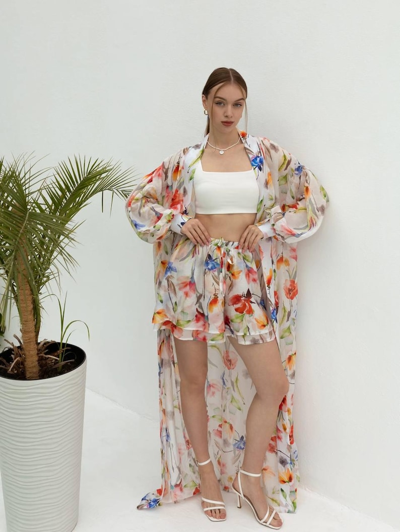 Boho Floral Kimono and Shorts Set – Sheer Lightweight Cover-Up with Double Shorts – Vacation Beach Outfit – Tencel Loungewear for Women