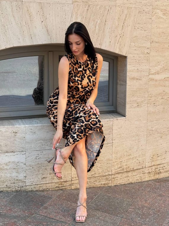 Leopard Print Maxi Dress: Ribbed Stretch Jersey, Slim Fit Leopard Print Maxi Dress: Ribbed Stretch Jersey, Slim Fit