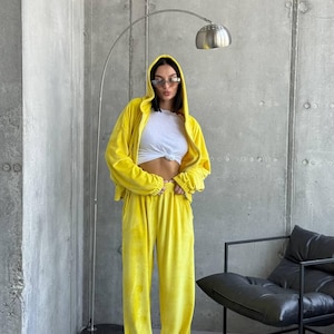 Yellow Velour Tracksuit – Oversized Hoodie and Wide Pants Set – Bright Unisex Streetwear Lounge Suit