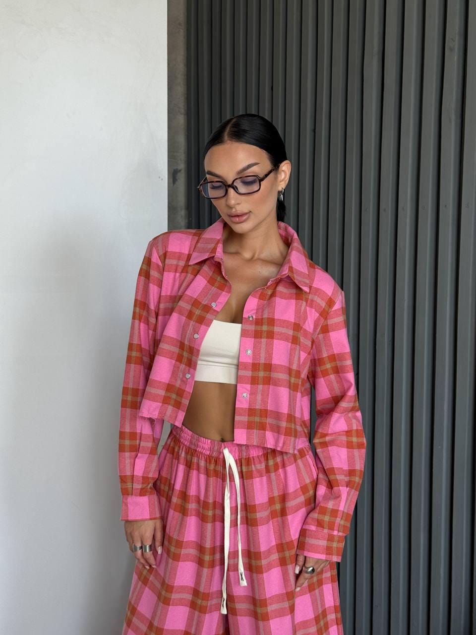 Pink Plaid Flannel Set: Cropped Shirt & Wide Leg Pants - Etsy