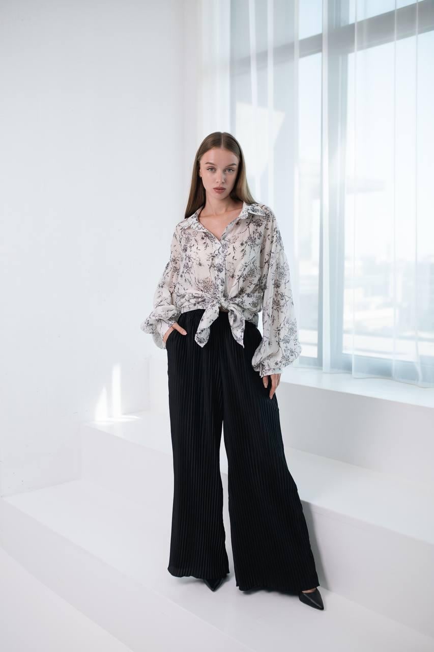 Black Silk Pleated Pants Set: Floral Tencel Shirt, Wide Leg - One