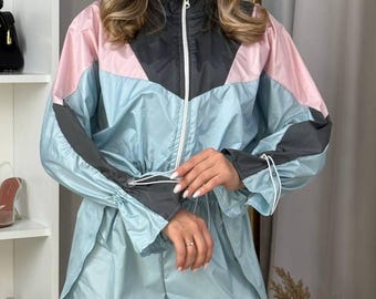 Color Block Windbreaker Set - Oversized Jacket & Relaxed Shorts - Etsy