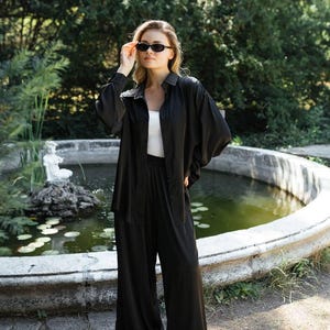 Black Silk Oversized Set – Wide-Leg Pants & Relaxed Shirt Bridesmaid Robes