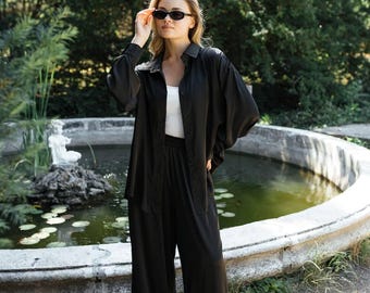 Black Silk Oversized Set – Wide-Leg Pants & Relaxed Shirt Bridesmaid Robes