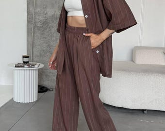 Chocolate Linen Two Piece Set: Oversized Shirt & Wide Leg Pants