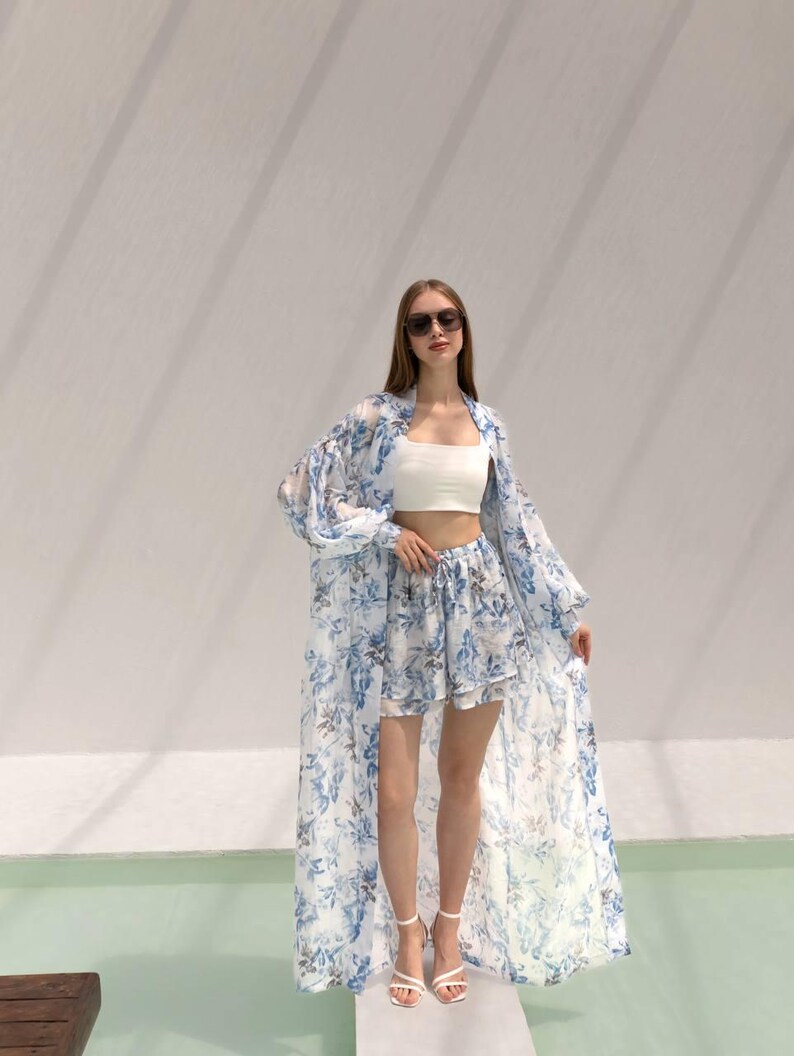 Boho Blue Floral Kimono and Shorts Set – Sheer Lightweight Cover-Up with Double Shorts – Vacation Beach Outfit – Tencel Loungewear for Women