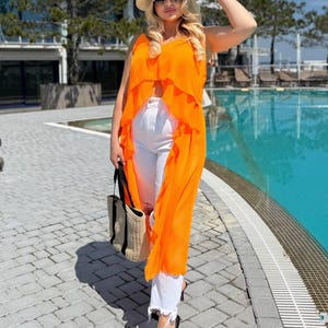 Plus Size Orange Tunic – Flowy Multi Chiffon Blouse with V-Neck Bridesmaid Robes