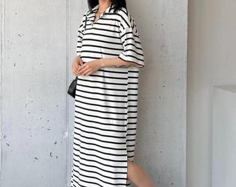 Striped Polo T-Shirt Dress – Casual Black White Maxi Bridesmaid Robes