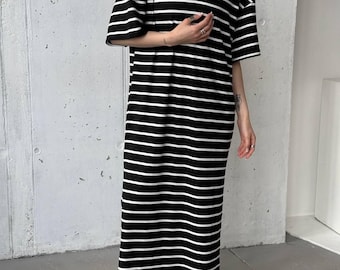 Striped Polo T-Shirt Dress – Casual Black White Maxi Bridesmaid Robes