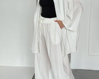 White Two-Piece Summer Set - Oversized Shirt and Wide-Leg Pants