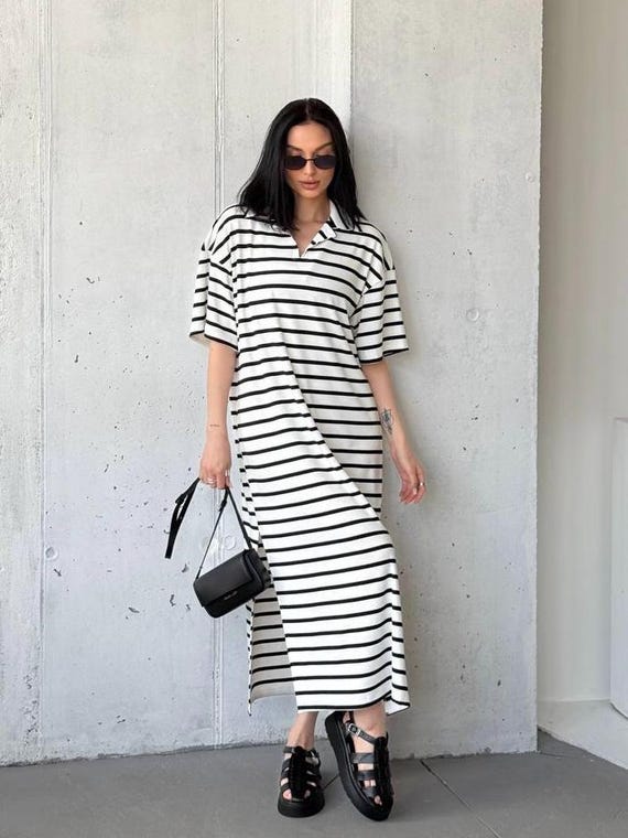 Striped Polo T-Shirt Dress - Casual Black White Maxi Bridesmaid Robes Striped Polo T-shirt Dress – Casual Black White Maxi Bridesmaid Robes - Etsy
