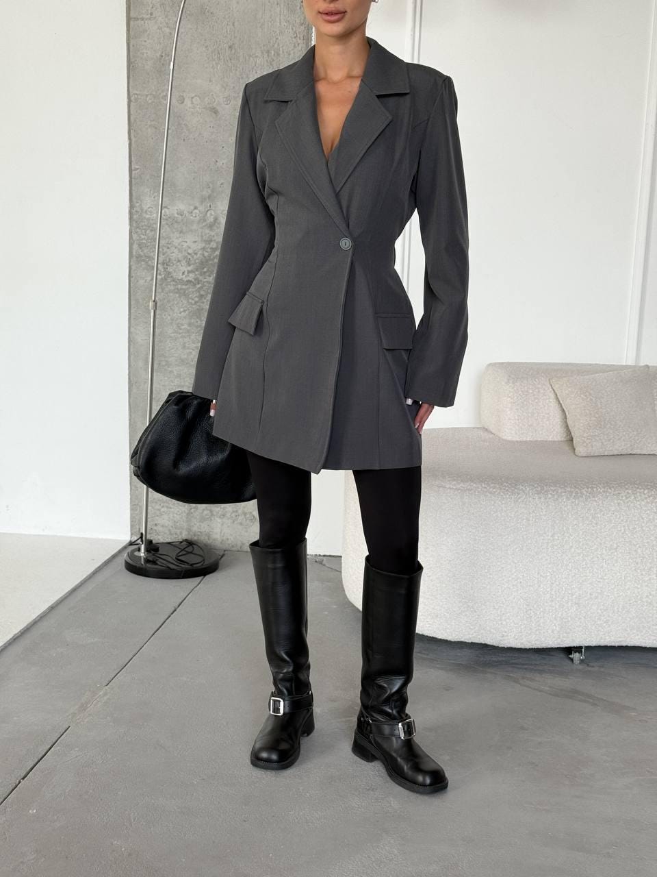 Gray Blazer Dress for Women - Tailored Long Jacket Dress with Lining