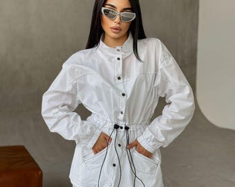 White Windbreaker Suit: Oversized Fit, Drawstring Waist