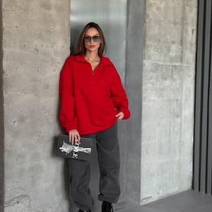 red Oversized Hoodie with Half Zip, Cotton Intersoft Fleece Sweatshirt, Relaxed Fit Cozy Streetwear